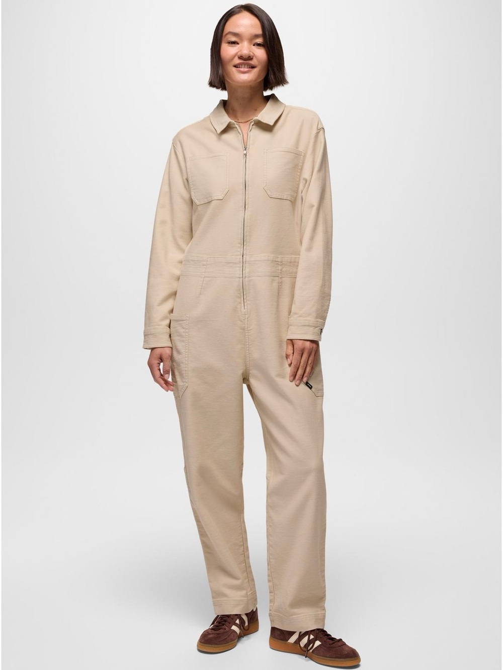 Prana Cuyamaca Boiler Suit Women's Beige Long-Sleeve Utility Jumpsuit